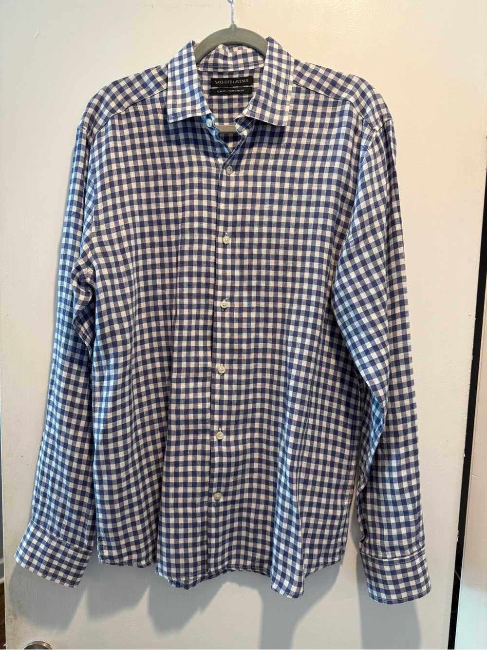 Saks Fifth Avenue Navy and White Button-Down Shirt - 100% Linen